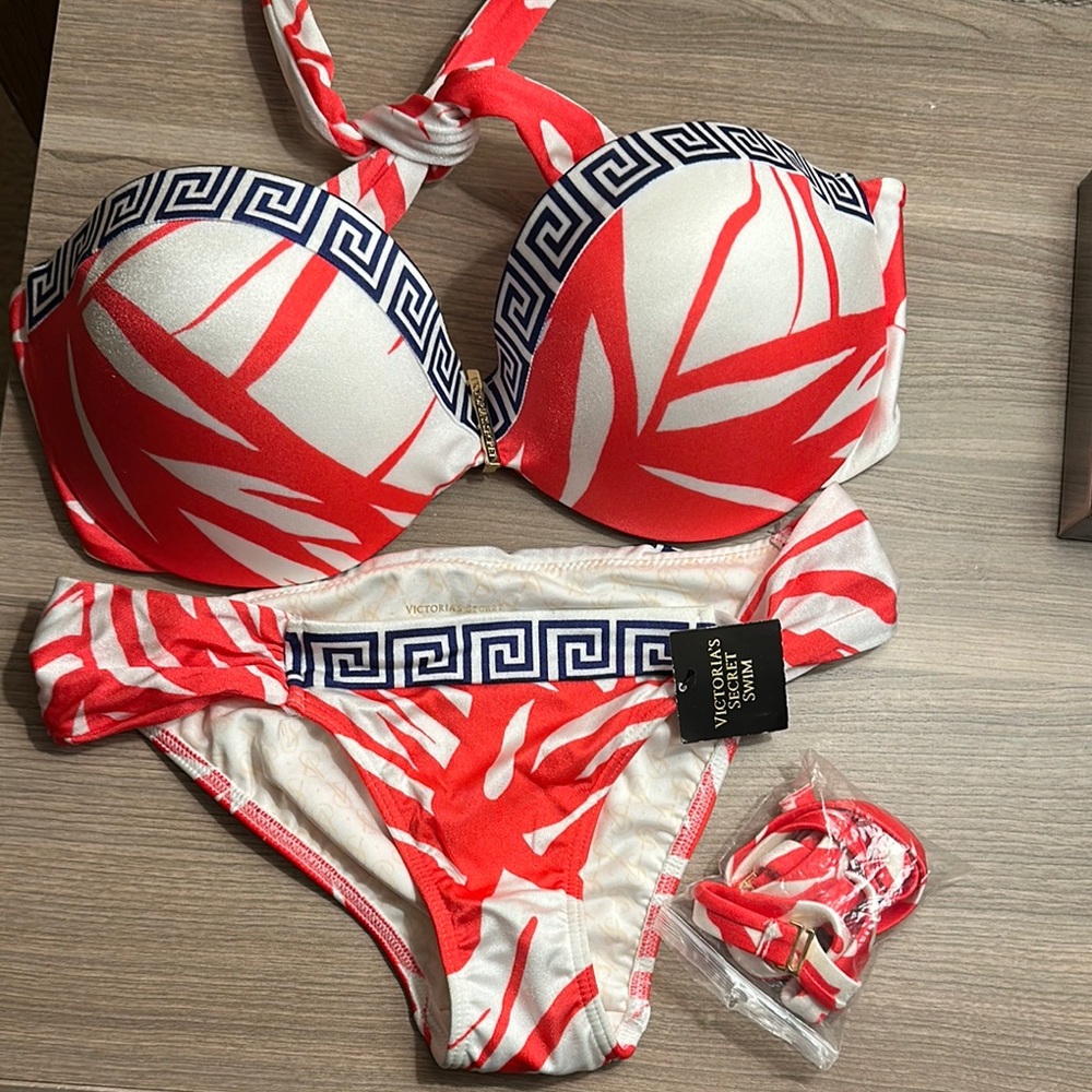 Red and White Bikini Set with Greek Key Pattern